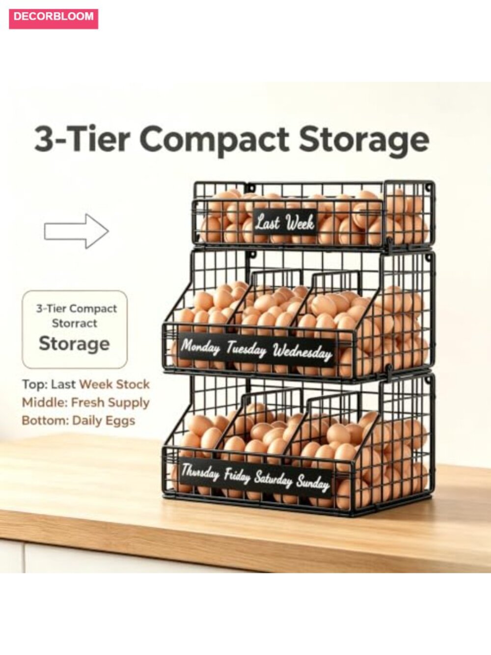 3-Tier Chicken Egg Basket Countertop Organizer with 5 Dividers & Date Labels, - Picture 5 of 6